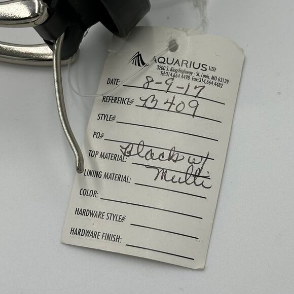 NWT Black Leather Multicolor Cotton Fabric Inlay Silvertone Metal Buckle Belt M - Picture 12 of 12